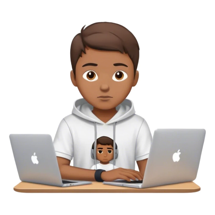 Emoji: A young man with short brown hair, working on a MacBook. He has a confident and concentrated look, wearing a stylish t-shirt or hoodie. The vibe is modern and professional, with a clean, minimalistic background sticker