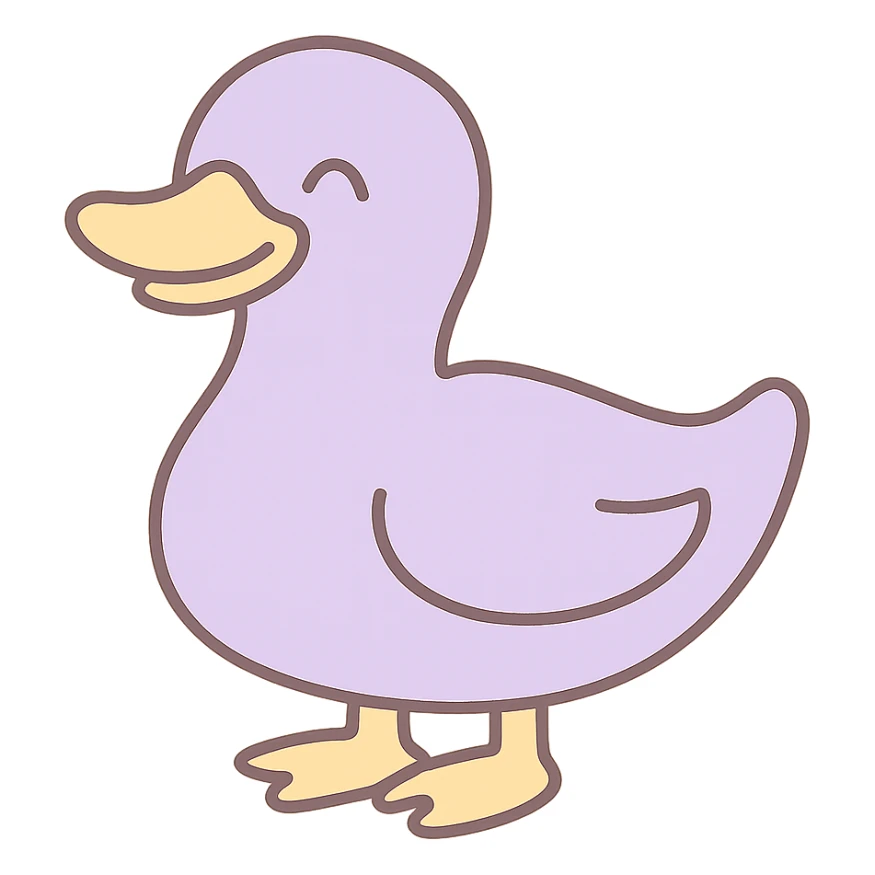 pastel toon style happy purple duck, simple 2D drawing, minimal detail, flat colors sticker