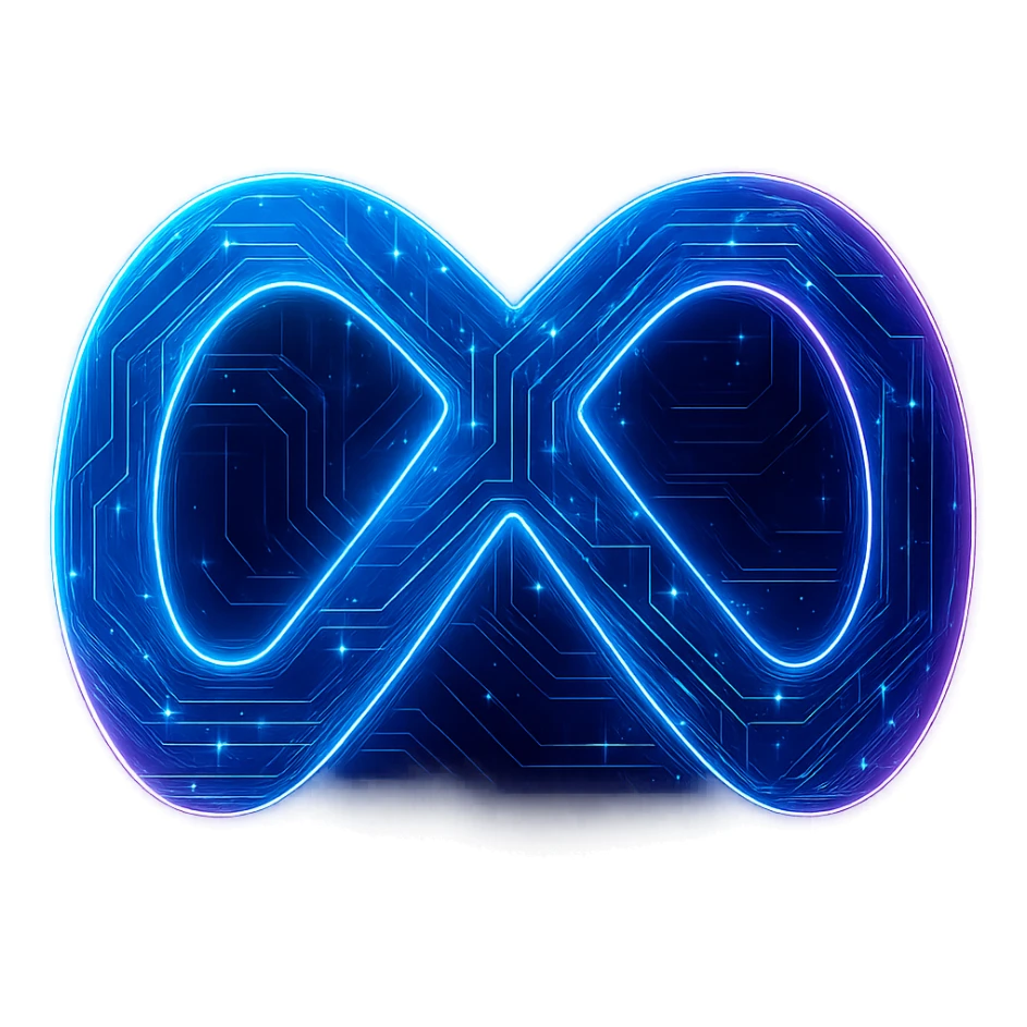 Transform the Meta logo into a cyberpunk, holographic style with glowing neon blue and pink edges, circuit patterns throughout the entire icon, and a transparent background. Maintain the recognizable Meta infinity loop shape and blue color, overlaying neon and circuit effects in a futuristic, clean cyberpunk style with consistent glow and intricate circuit details. sticker