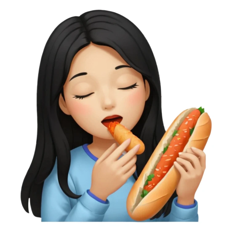 Girl black long hair eat kimchi close eyes baguette sticker