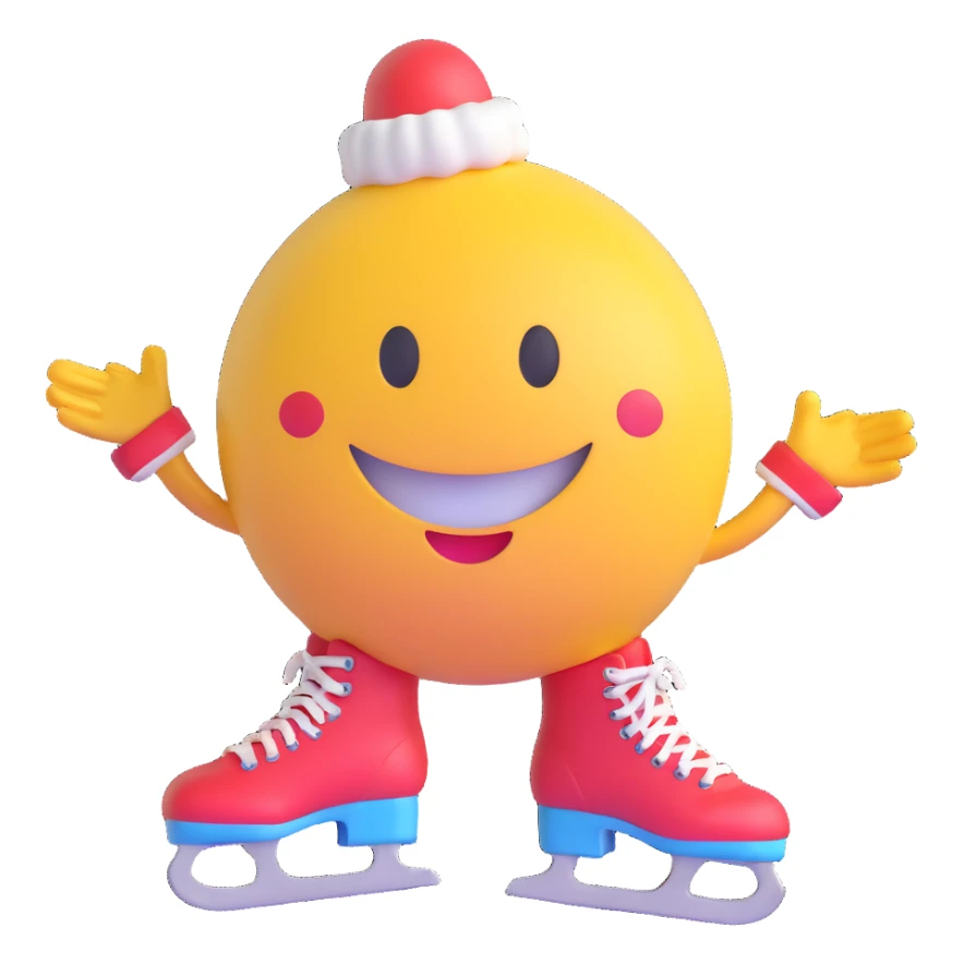 3D smiley emoji, round shape, wearing ice skates, sporty face sticker