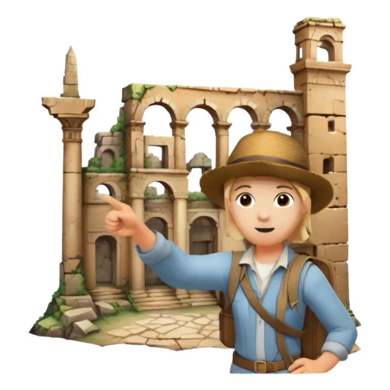 Icon for Documentary Film (TV style): A traveler pointing backward and narrating in front of ancient ruins. Include elements like historical landmarks, maps, and exploration tools to evoke a sense of adventure. Transparent background. sticker