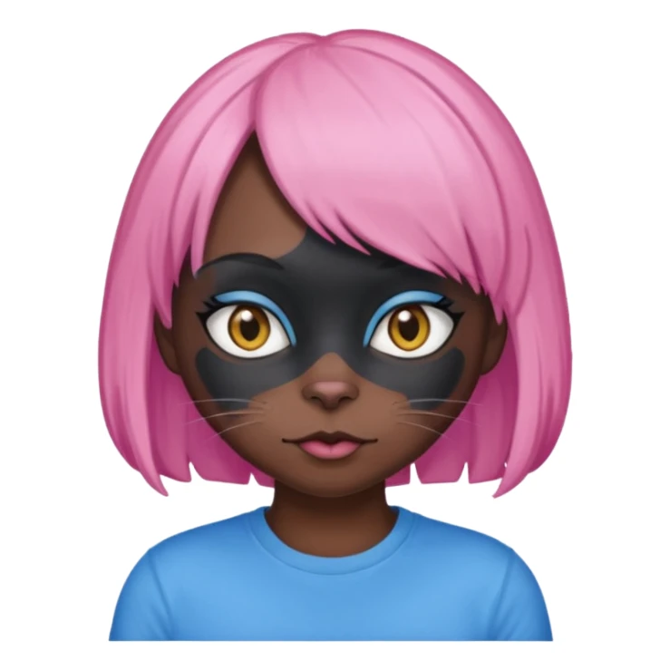 Black cat wearing a pink hair wig, blue T-shirt sticker