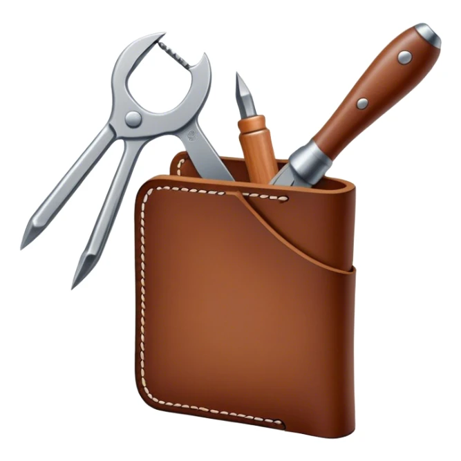 Leatherworking icon, piece of raw leather being crafted into a leather wallet or belt, professional tools like leather stitching awl, edge beveler, hammer, prying tool, minimalistic style, clean lines, transparent background. sticker