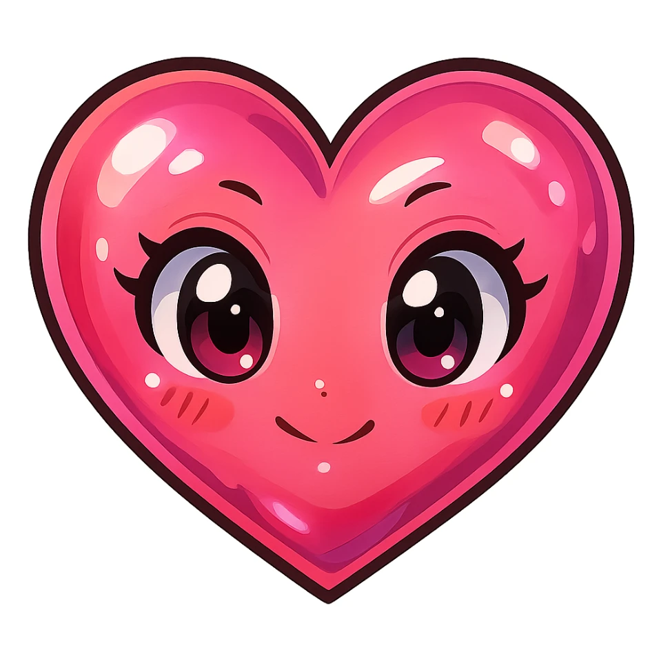 stylized anime heart with big eyes, glossy finish, vibrant pink sticker