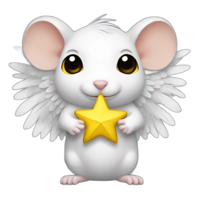 rat with white feather angel wings who is holding a yellow star sticker