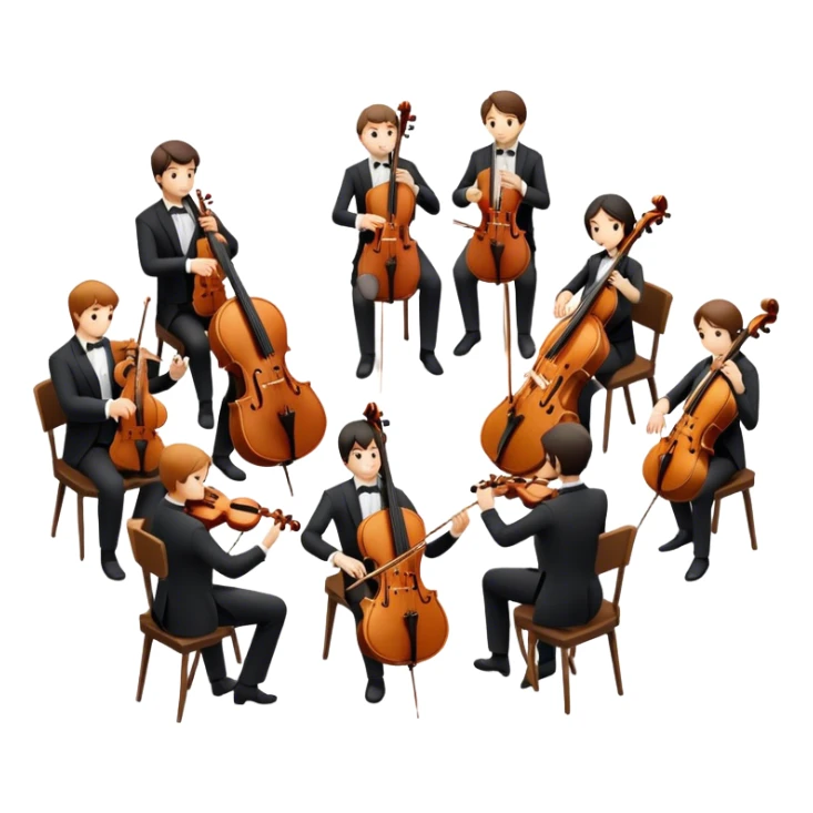 Icon for Classical Music: chamber orchestra with musicians playing string instruments (violins, violas, cellos) and a conductor leading the ensemble. The intimate, refined atmosphere. Transparent background. sticker