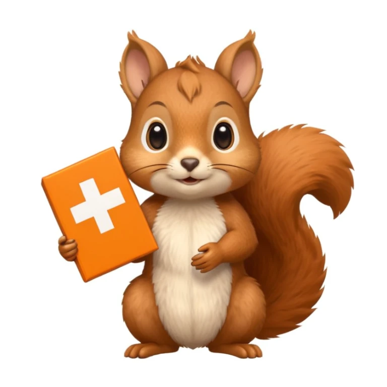 a squirrel holding an orange gift box in one hand and a Swiss flag in the other, both objects clearly visible, simple white background, the gift is a different color from the flag sticker