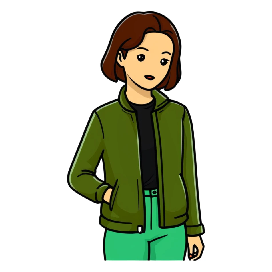 woman wearing dark olive green jacket over a lighter green top sticker