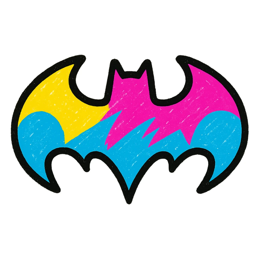 batman logo, vibrant colors, multicolored bat shape, playful and modern, no text sticker