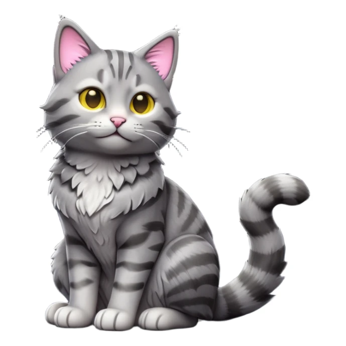 cinematic-[grey tabby cat]-realistic-full-body-sitting-emoji,-tail-curled-playfully-around-its-paws,-head-tilted-dramatically,-scruffy-[grey]-fur,-simplified-yet-realistic-focused-features,-highly-detailed,-glowing-with-an-almost-sarcastic-glow sticker