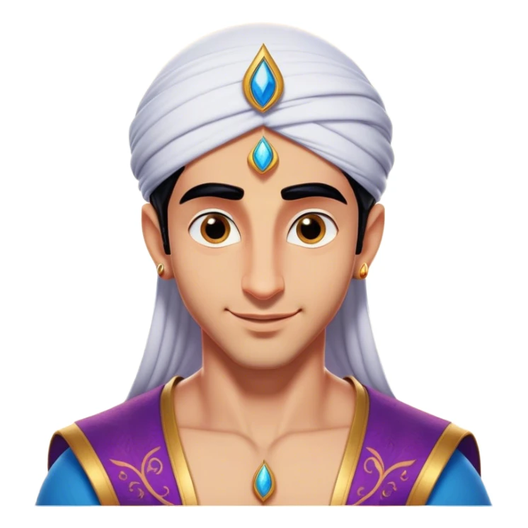 Cinematic Realistic Aladdin Portrait, head tilted playfully and inquisitively, showcasing his roguish charm and bright, mischievous eyes. His signature attire is rendered in exquisite detail with dynamic natural highlights, and a hint of magic sparkles about him—embodying a youthful, adventurous energy with friendly power. sticker
