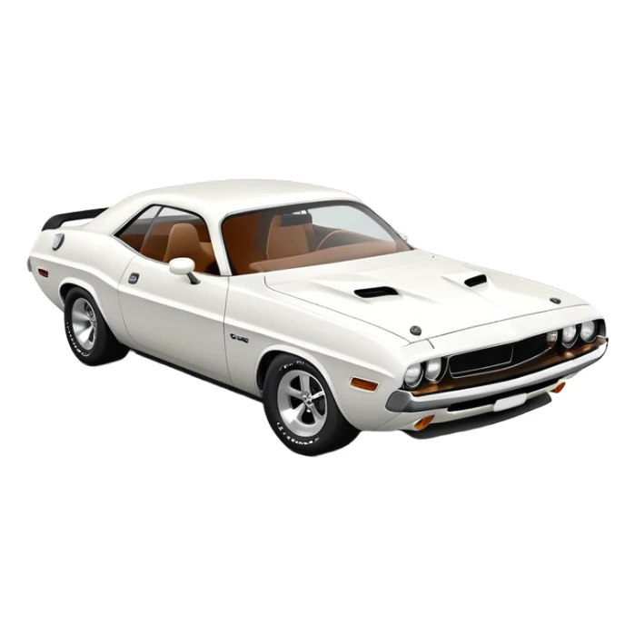 White 1971 Dodge Challenger at 30-degree three-quarter view, detailed front headlights and grille visible, sleek all-white exterior, simplified iOS emoji style sticker