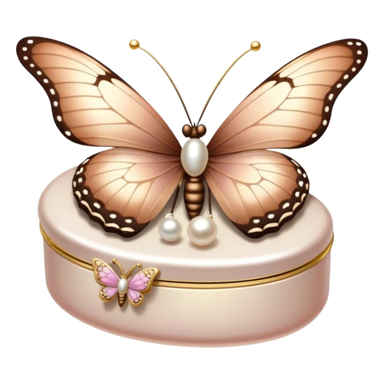 A pastel brown and mocha-colored butterfly resting on a pearl-adorned trinket box.
 sticker