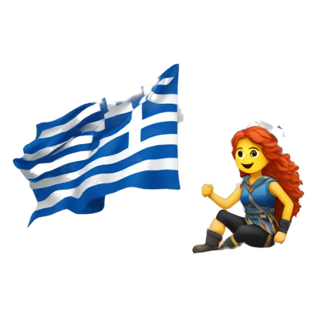 a red hair female mountaineer summitting with greek flag sticker