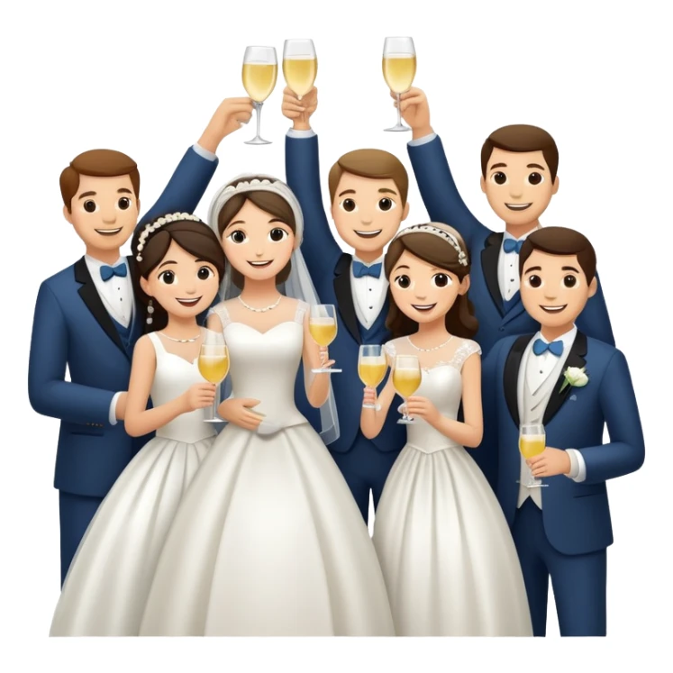 Wedding party raising joints for a celebratory toast, colorful wedding group with bride and groom at the center, cheerful cartoon style sticker