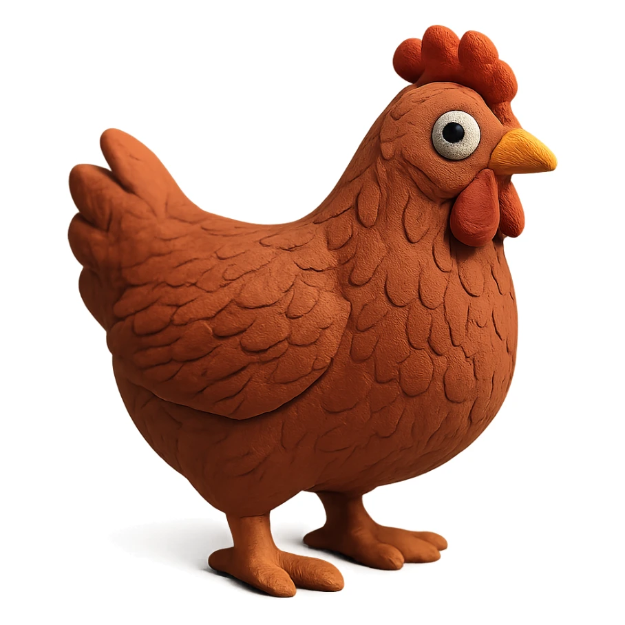 hen with realistic feather texture standing pose in claymation style sticker