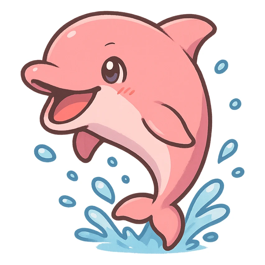 cheerful pink dolphin leaping with water droplets, wide grin, anime style, transparent background, 128x128 pixels sticker