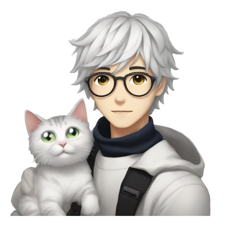 Cool Anime Cute Guy With Glasses With Cat, White Hair, Black Eyes sticker
