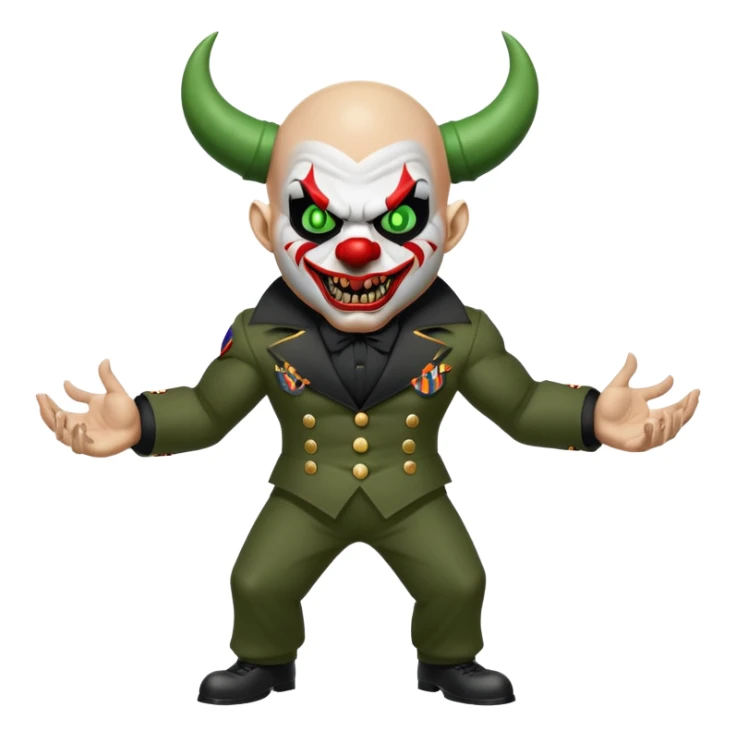 evil clown, bald, short black devil horns on forehead, fangs, pointed ears, black and military green leisure suit, realistically proportioned, bulky and muscular, full body, battle-ready, fighting posture sticker