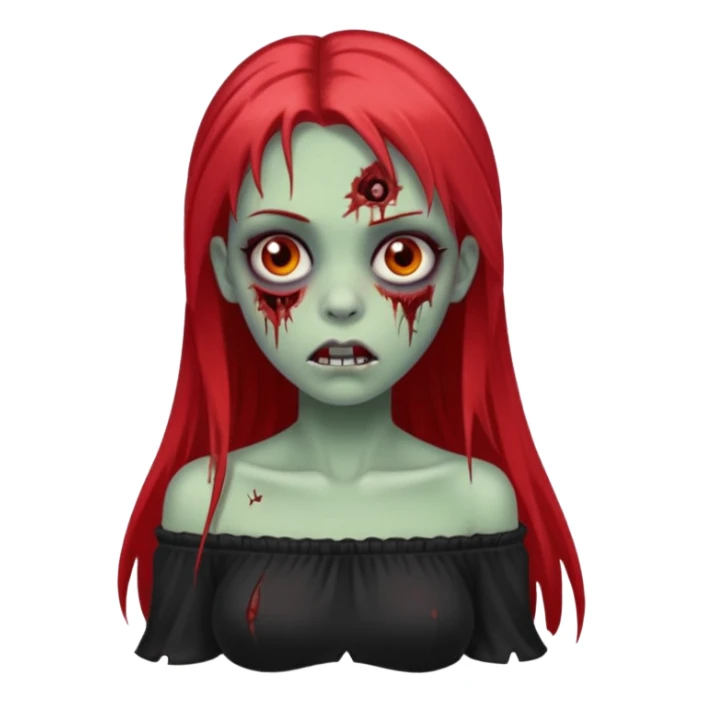 Garota zumbi com cabelo liso longo e mechas vermelhas na lateral da cabeça dos dois lados, usando uma blusa com manga caida preta sticker