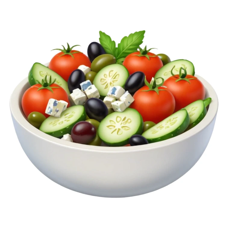 mediterranean salad bowl object icon, tomatoes, cucumbers, olives, feta cheese, olive oil dressing, 3D cartoon, mobile game icon style, clean background, no text, no watermark
 sticker