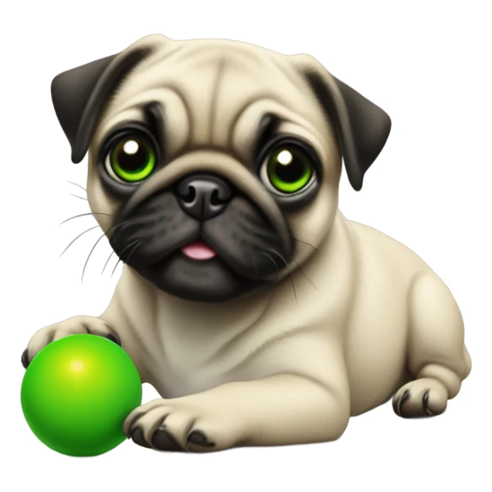 Hyper Realistic Happy Baby pug with green eyes playing with a green ball sticker