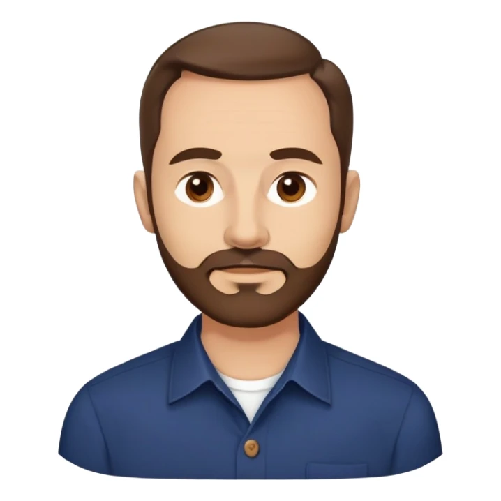 Man in his mid-50s with light skin tone. Round face with broad cheekbones. Lively brown eyes, prominent eyebrows. Full brown hair with minimal recession at temples. Brown beard covering jaw and chin. Slight smile. Wearing a navy button-down shirt. sticker