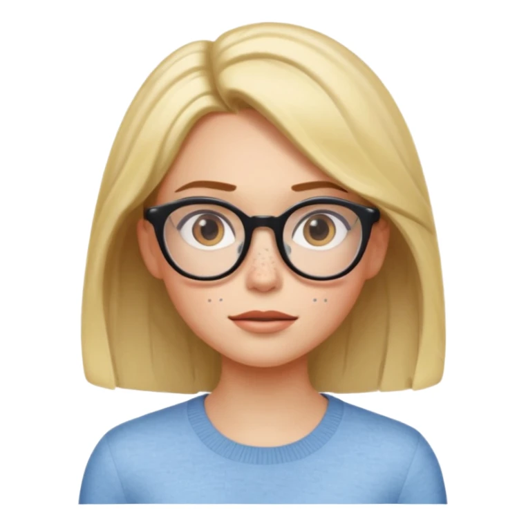 Emoji-style character illustration, inspired by expressive Pixar-style emotions. A slim female character with light skin and visible freckles, strong and confident facial expression. hair, stylish, medium length, glasses ,facial expressiveness inspired by the character Envy from Inside Out,  sticker