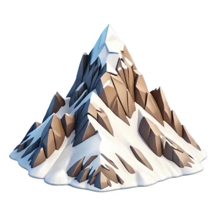 3D iPhone style emoji of a mountain peak, sharp summit, rocky texture, snow-capped tip, isolated on white background, soft shadows, high detail, playful and cute. sticker