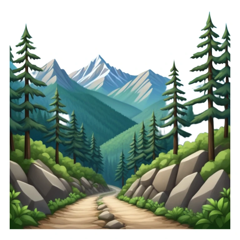 a forest trail or rocky mountain road. The background shows dense trees, steep slopes, and distant peaks under a clear blue sky. sticker