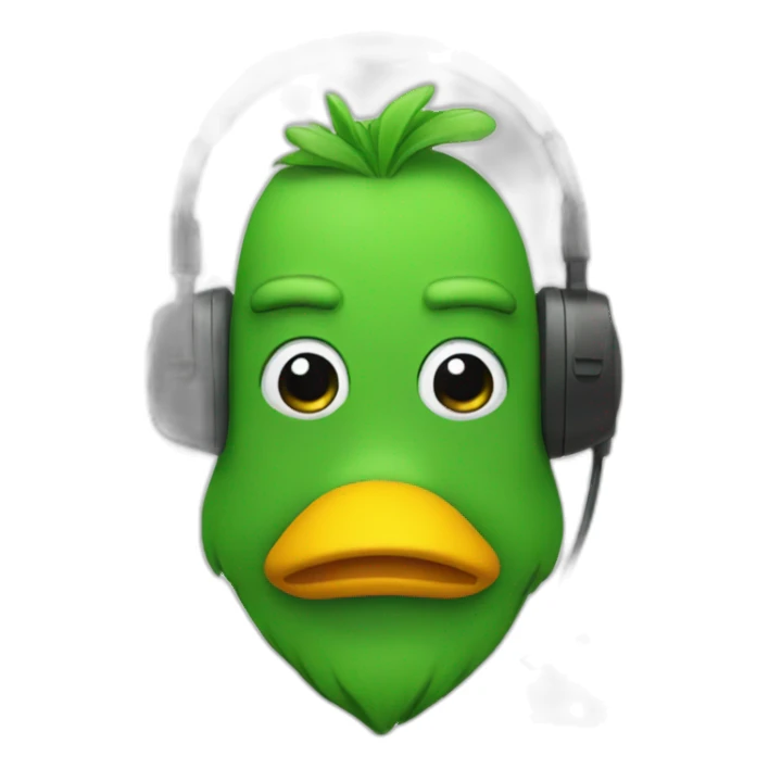 green man wearing a headset with a duck on his head sticker