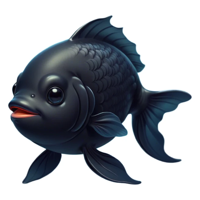 Meme-Worthy Cute Sleeping Black Goldfish Portrait Emoji, Head resting peacefully with a contented smile, showcasing a streamlined, graceful body and a luxuriously soft deep black hue, eyes closed in a serene, floating nap, Simplified yet hilariously adorable features, highly detailed, glowing with a soft, drowsy light, high shine, relaxed and utterly lovable, stylized with an air of playful laziness, bright and heartwarming, soft glowing outline, capturing the essence of a comically sleepy goldfish, so meme-worthy it feels like it could instantly become the next viral sensation of adorable slumber! sticker