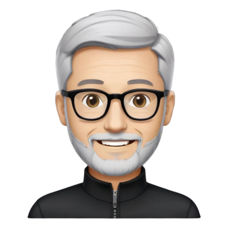 Man with light skin, short black hair styled up, short graying beard, large black-framed glasses, smiling face, black long sleeve mock neck shirt with zip sticker