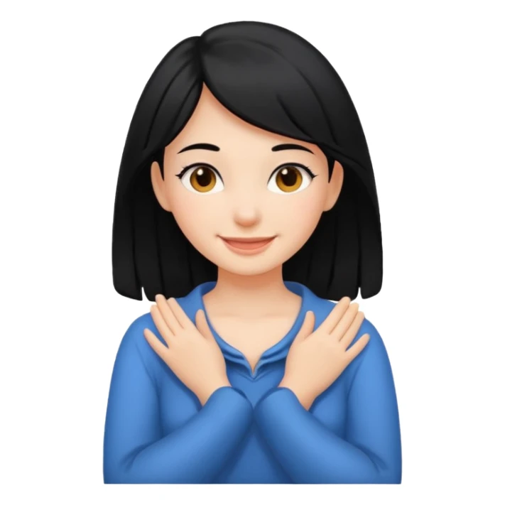 girl with black hair smiling while having her  hands around her neck sticker