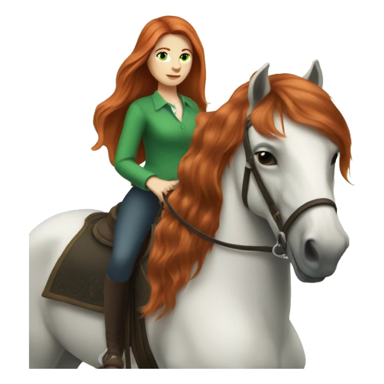 long-haired redhead woman with green eyes, on a horse back riding sticker