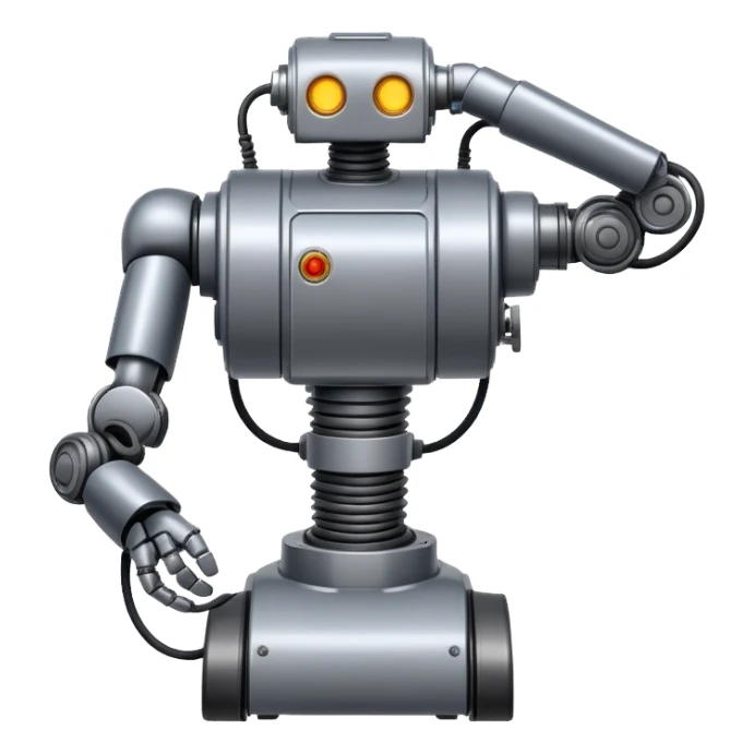 Industrial robot with exposed wiring and heavy metal plating sticker