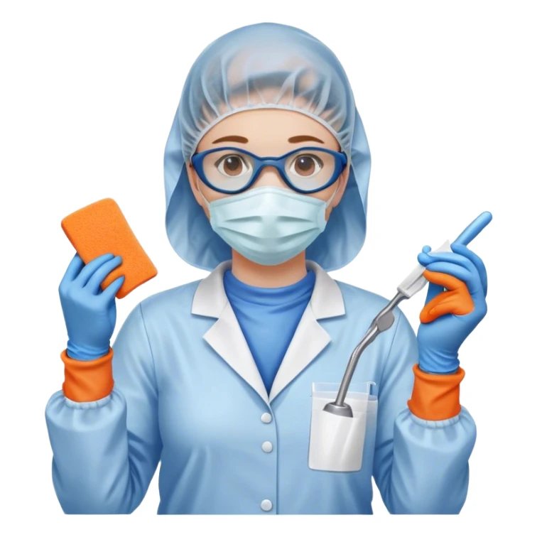 A meticulous cleanroom worker dressed in full protective gear, including a blue sterile suit, a face mask,  and orange gloves.  cleaning glasses with a wipe in one Hand sticker