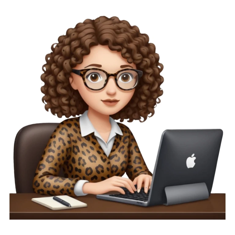 a white young woman with curly brown hair typing in a computer, she's using dark brown leopard glasses and clearly writing something sticker