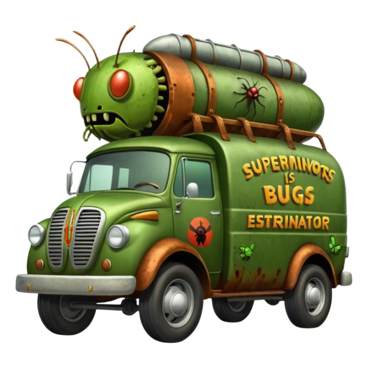 Heroic SuperBug Ron’s exterminator superminator antique tall moving van (motto: Bombing creepy bugs is fun) sticker