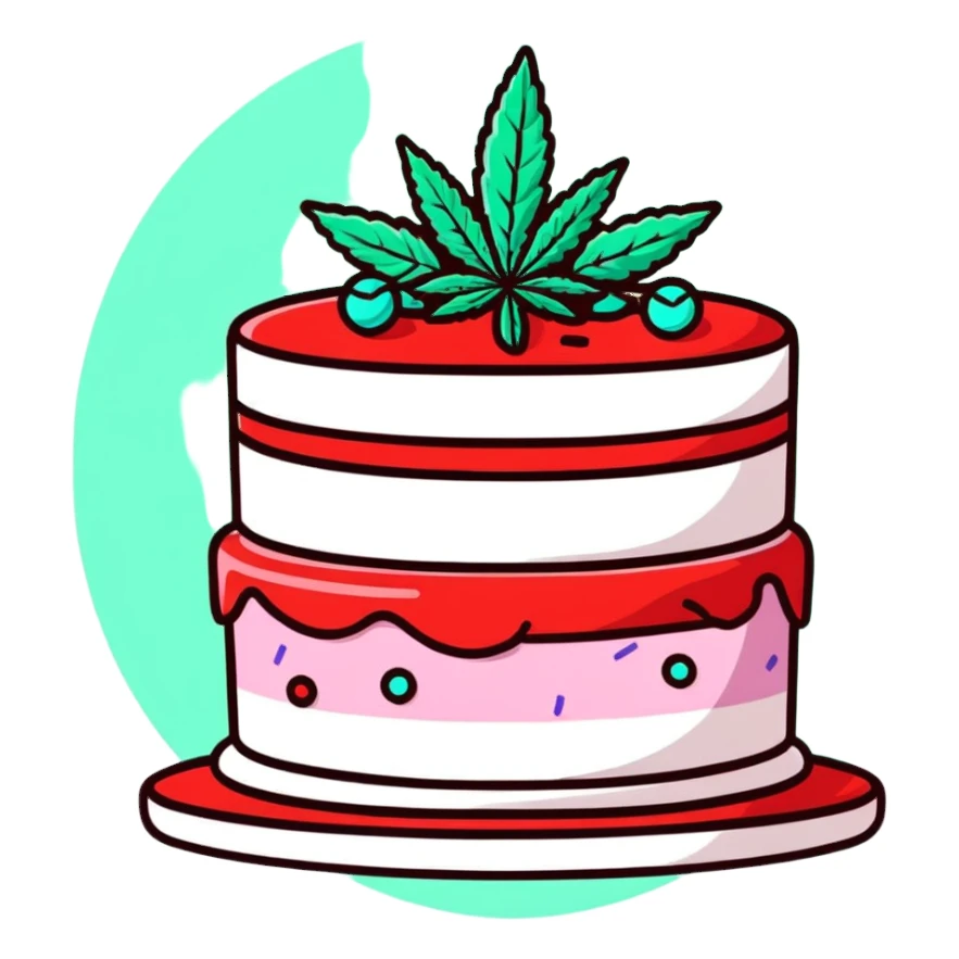 Festive confetti cake with mint leaves and a cannabis leaf as decoration sticker