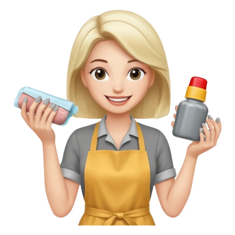 female nail master with buff and gel polish in hand in grey apron  sticker