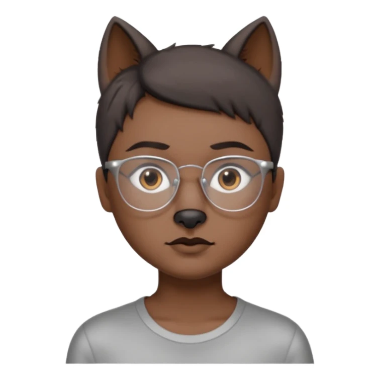 personagem com Wolf cut curto, cabelo castanho escuro, olho castanho escuro, sombrancelha castanho escuro, óculos sem aro prata. sticker