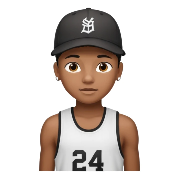 14-year-old Black boy, black cornrows, wearing a sports tank top and baseball cap sticker