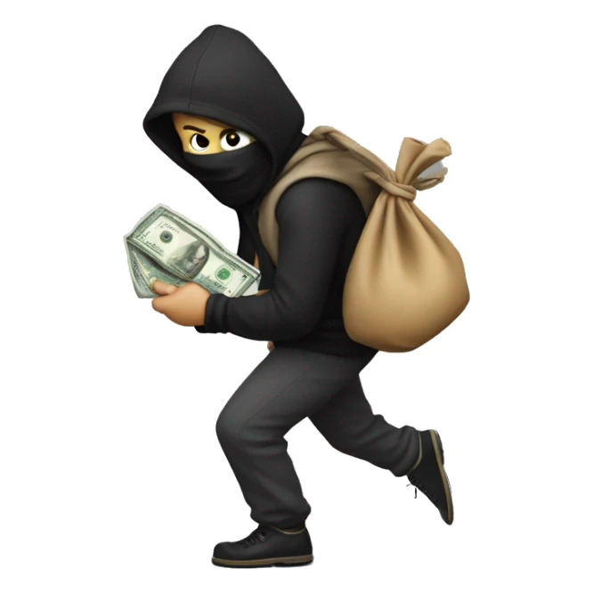 Robber tip toeing away while holding a bag of money over his shoulders  sticker