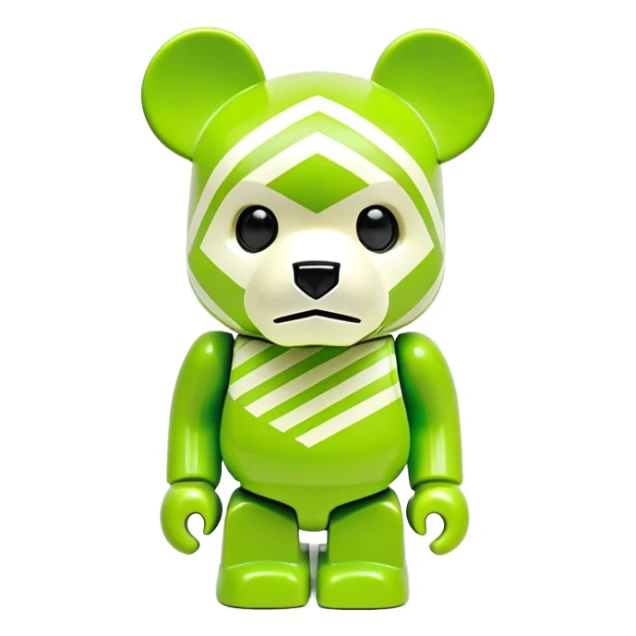authentic bearbrick figure with geometric bear head, lime green mask with Off-White diagonal stripes logo, distinct eyebrows, collectible toy sticker