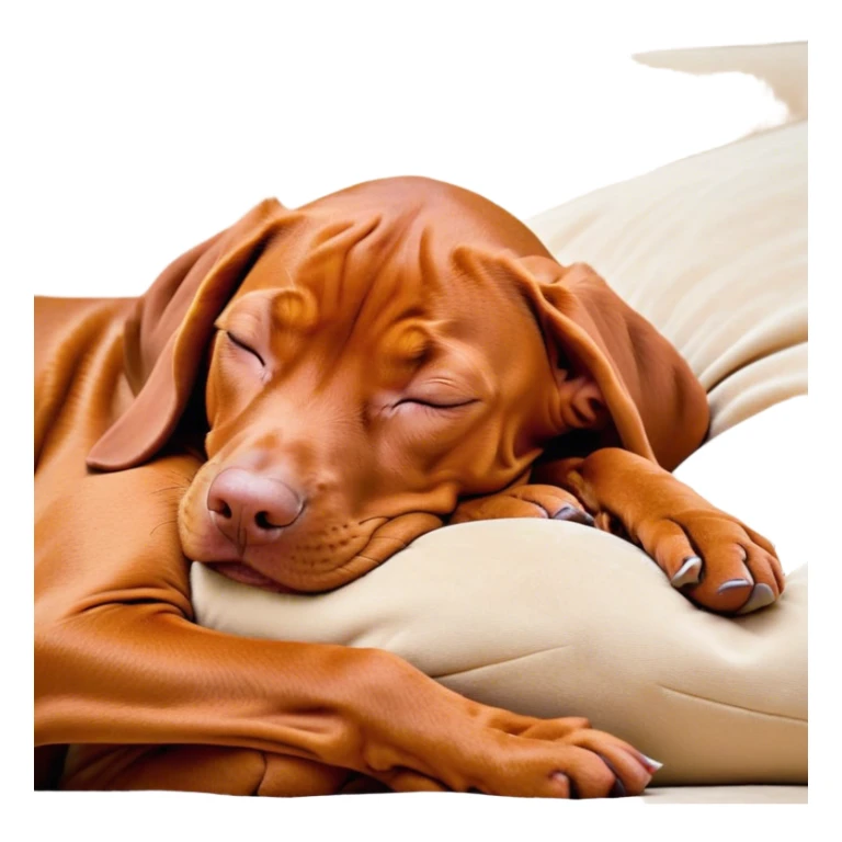 Meme-Worthy Cute Sleeping Vizsla Portrait Emoji, Head resting peacefully with a contented smile, showcasing a sleek, athletic build and a luxuriously soft rust and gold Fur, eyes shut in a serene nap, Simplified yet hilariously adorable features, highly detailed, glowing with a soft, drowsy light, high shine, relaxed and utterly lovable, stylized with an air of playful laziness, bright and heartwarming, soft glowing outline, capturing the essence of a comically sleepy companion, so meme-worthy it feels like it could instantly become the next viral sensation of adorable slumber! sticker