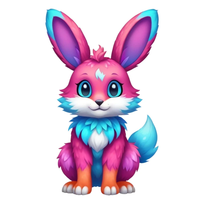 Vibrant multicolored neon-colored Falvie-Fionbri-creature-sparkle-rabbit-hybrid-fursona, full body, fur pattern-markings sticker
