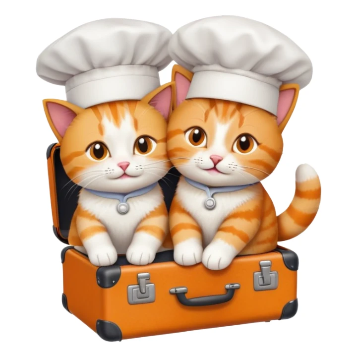 top-down view of one cat in a chef hat hugging another cat without a chef hat, both sitting on a suitcase, emoji style sticker