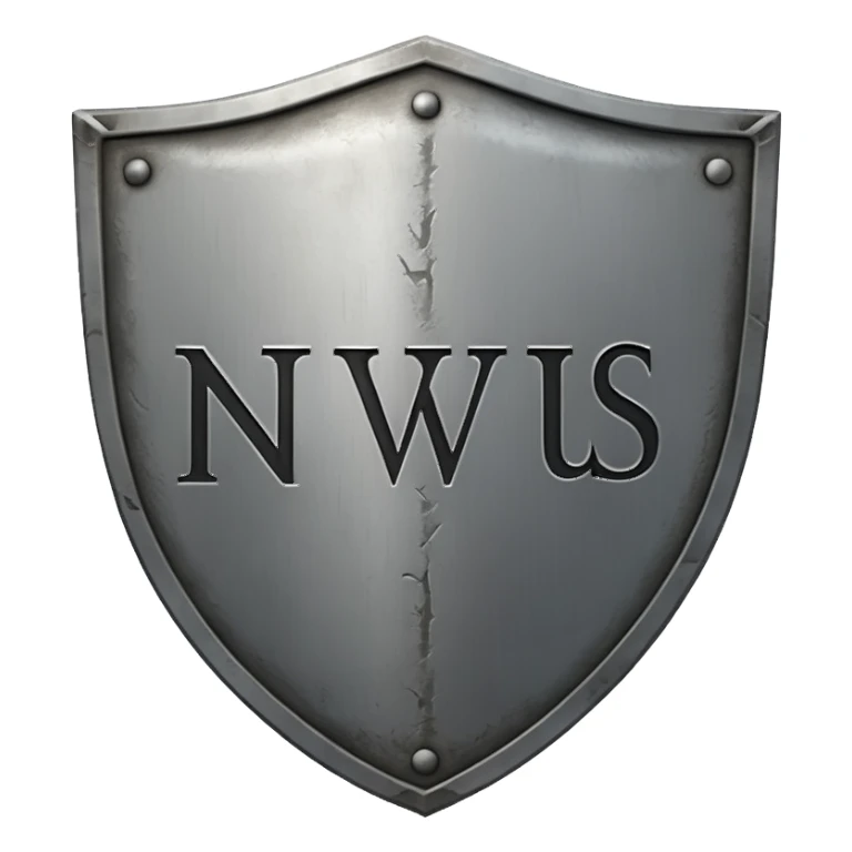 a steel shield with engraved roman letter NOVUS—looks battle worn sticker